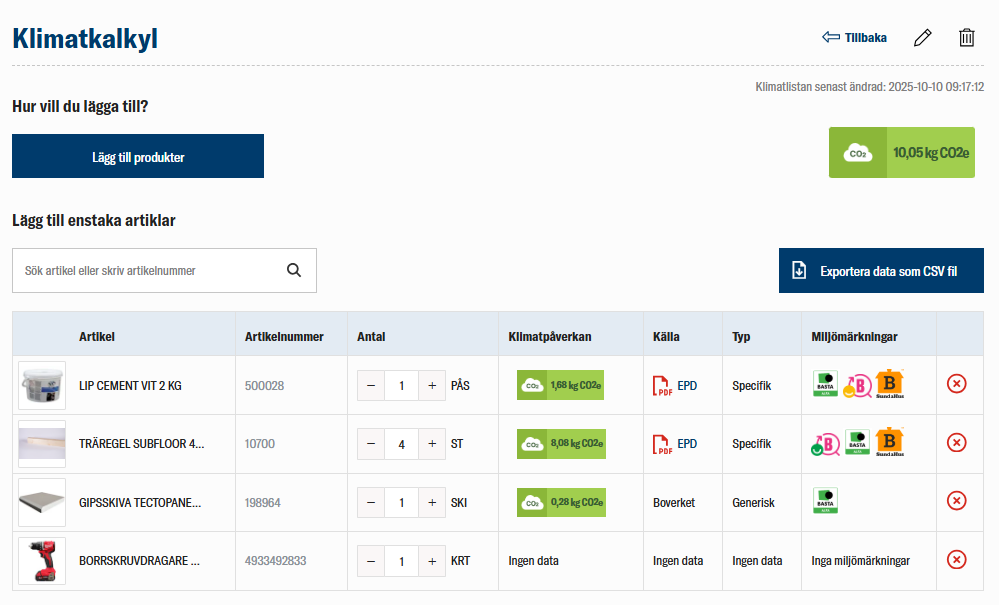 Klimatkalkyl hos Svanströms Trä med byggprodukters klimatdata och miljöpåverkan.