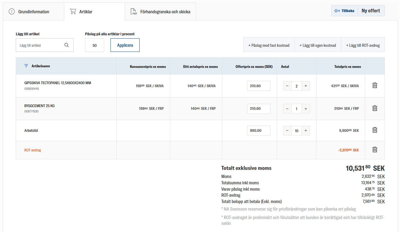 Offertverktyg hos Svanströms Trä som visar byggprodukter, priser och totalbelopp.