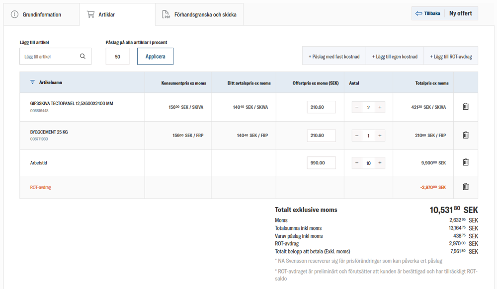 nomenu Offertverktyg hos Svanströms Trä som visar byggprodukter, priser och totalbelopp.