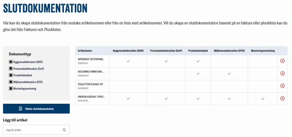 nomenu  Slutdokumentation hos Svanströms Trä med artiklar och dokumentationstyper.
