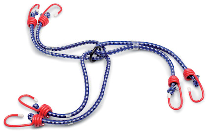 Elastiska bagageremmar med krokar i blått och rött.