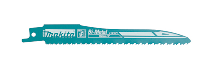Bimetallsågblad från Makita med grönt skaft och tandad kant. Märkt "Bi-Metal 1.8TPI".