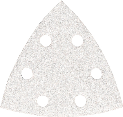 Triangulärt sandpapper med sex cirkulära hål.