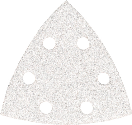 Triangulärt sandpapper med sex cirkulära hål.