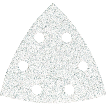 Triangulärt sandpapper med sex cirkulära hål.
