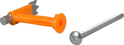 Orange gipsankare och en metallskruv på en grå yta.