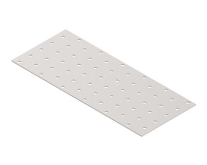 Rektangulär metallplatta med jämnt fördelade runda hål.