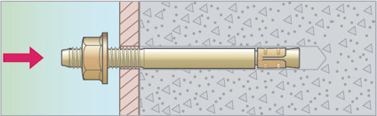 Genomskärning av en bult infäst i betong med en röd pil som pekar mot bultens ände.