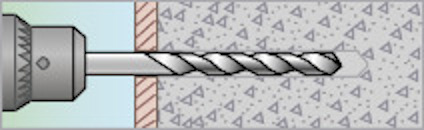 Illustration av en borrspets som borrar i en grå betongvägg.