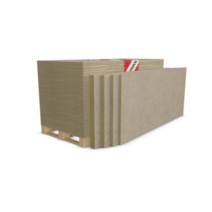 Isoleringsskivor i mineralull staplade på en lastpall med synlig Paroc-logotyp.