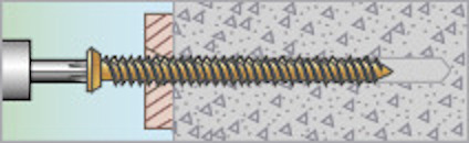 Illustration av en ankarskruv monterad i betong, med gängor som greppar inuti materialet.
