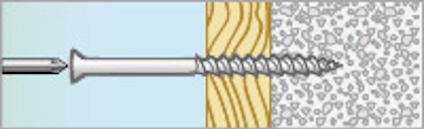 Illustration av en skruv i genomskärning, visande lager av material: trä och betong.