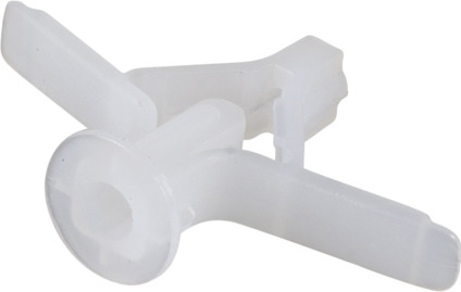 Vit plastplugg med korsformad skiva och cylinderaktig stomme.