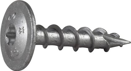 Metallskruv med bred huvudyta och gängor, liggande på en neutral bakgrund.