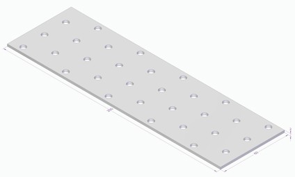 Rektangulär metallplatta med jämnt fördelade runda hål.