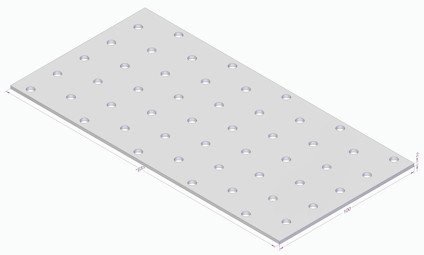 Rektangulär metallplatta med rader av runda hål jämnt fördelade över ytan.