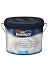 Färgburk med blått lock och etikett med texten "Nordsjö Snickerifärg halvblank".