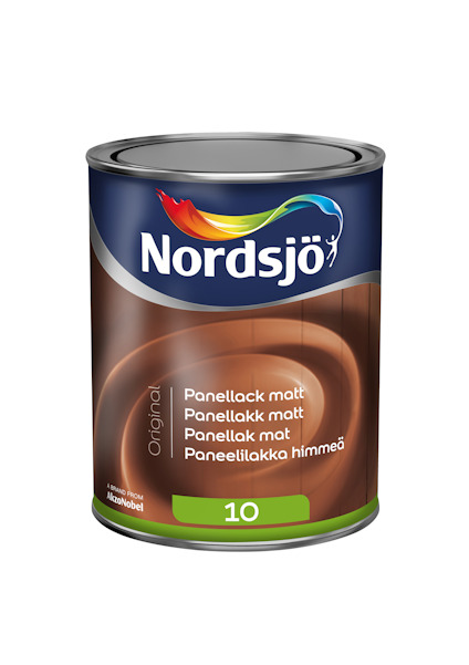 Färgburk med etikett "Nordsjö" och text "Panellack matt" på flera språk, brun bakgrund.