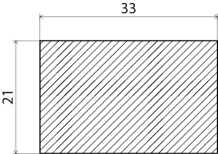 Rektangel med mått 33 enheter bred och 21 enheter hög med diagonala streck.