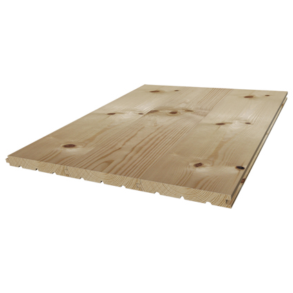 Träpanel i ljust trä med knastar och spåntade kanter, placerad på en vit bakgrund.