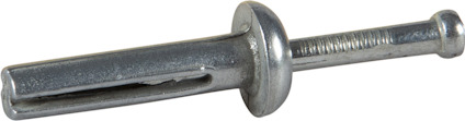 En metallspikplugg i silverfärgad zink med rundad huvud och slitsad ände på ljus bakgrund.