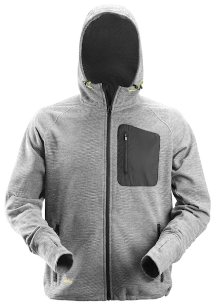 Grå/svart fleecehoodie med dragkedja, huva och flera fickor.