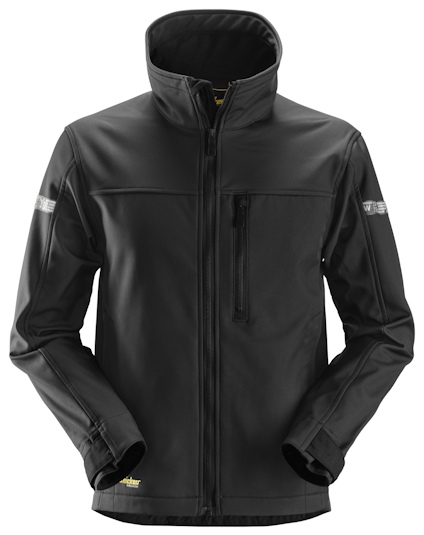 Svart softshell-jacka med ståkrage och dragkedja, en bröstficka med vertikal dragkedja.