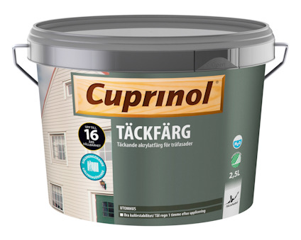 Färgburk med etiketten "Cuprinol Täckfärg", bild på trähusfasad och symboler för miljömärkning och hållbarhetstid.