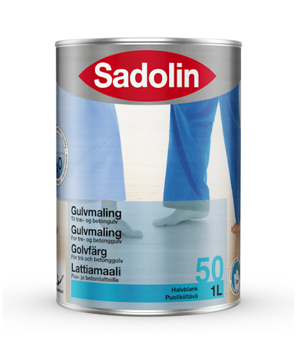 Färgburk med etiketten "Sadolin" och text om golvmålning på flera språk.