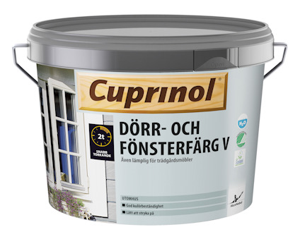 Burk med Cuprinol Dörr- och Fönsterfärg V för utomhusbruk. Etiketten har text och bild av ett målat fönster.