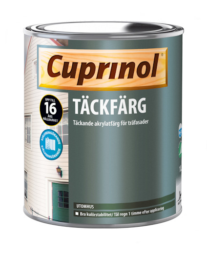 Burk med Cuprinol täckfärg för träfasader, etiketterad med text om hållbarhet och torktid, mot en svart bakgrund.