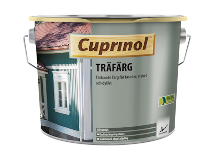 Cuprinol Träfärg fasadburk, grönblå byggnad och vit dörr syns på etiketten.
