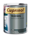 Burk med Cuprinol träfärg, etiketten visar ett blåmålat trähus och texten "TRÄFÄRG" samt produktinformation.