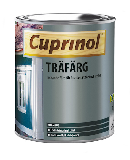 Burk med Cuprinol träfärg, etiketten visar ett blåmålat trähus och texten "TRÄFÄRG" samt produktinformation.