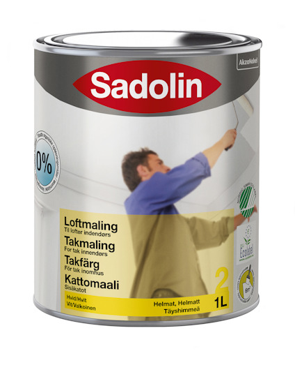 Takfärg, Sadolin 1L-burk med etikett i flera språk och illustration av en person som målar tak.
