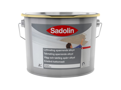 Vit burk märkt "Sadolin" innehållande spärrande vägg- och takfärg för inomhusbruk.