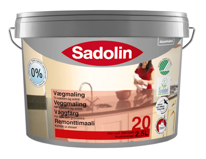 Färgburk märkt "Sadolin" med etikett som visar bild av litet kök.
