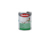 Vit burk med Sadolin väggfärg, etiketten visar en person i ett badkar och grön text.