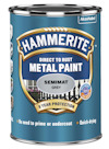 Burk med Hammerite semimat metallfärg i grått, etikett med text om rostskydd, dubbelteknik, och snabb torktid.
