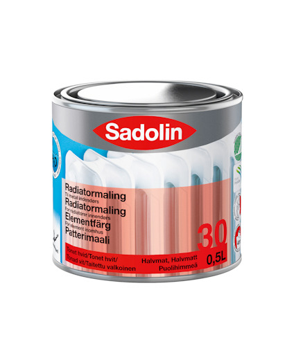 Färgburk med etikett "Sadolin" och text på flera språk som beskriver inomhusfärg.
