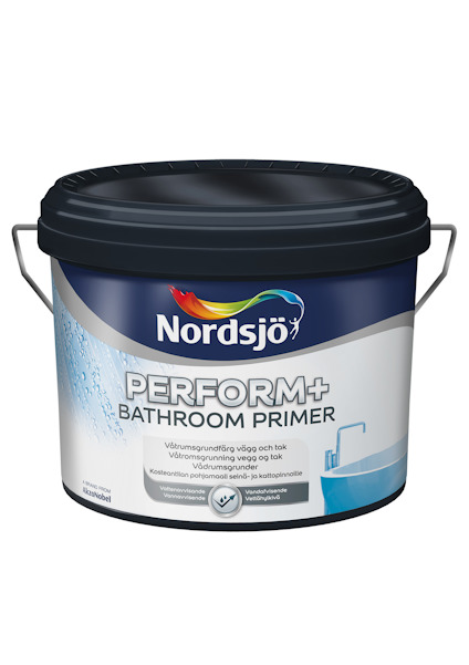 Färgbehållare med texten "Nordsjö Perform+ Bathroom Primer" och en bild av ett badrum.
