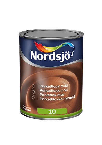 Förpackning med Nordsjö parkettlack matt, 1 liter, med fler språk på etiketten.