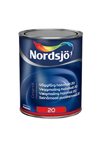Färgkanna med Nordjsö-logga och text: "Väggfärg halvmatt 20" på olika språk.