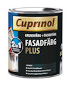 Burk med Cuprinol Fasadfärg Plus, etikett med husbild och text om hållbarhet och användning utomhus.