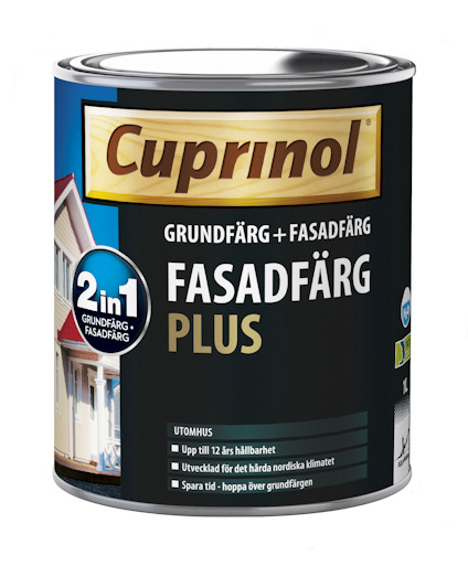 Burk med Cuprinol Fasadfärg Plus, etikett med husbild och text om hållbarhet och användning utomhus.