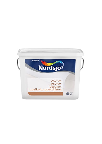 Vit plastbehållare med texten "Nordsjö Vävlim Vevlim Lasikuitutapettiliima".