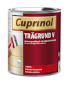 Burk med Cuprinol Trägrund V, visar en hand med pensel som målar trä. Text: "Optimal grundfärg för efterföljande behandling".