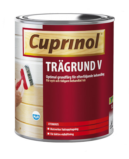 Burk med Cuprinol Trägrund V, visar en hand med pensel som målar trä. Text: "Optimal grundfärg för efterföljande behandling".