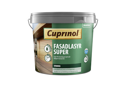 Hink med Cuprinol Fasadlasyr Super, etikett med text på framsidan, grått lock och handtag.