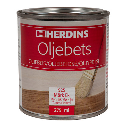 Burk med Herdins oljebets, märkt "925 Mörk Ek", visar penselstrykning. Kapacitet anges som 275 ml.